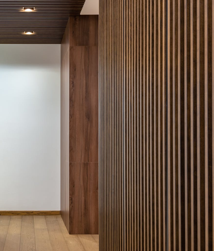 Decorative wooden boards in corridor