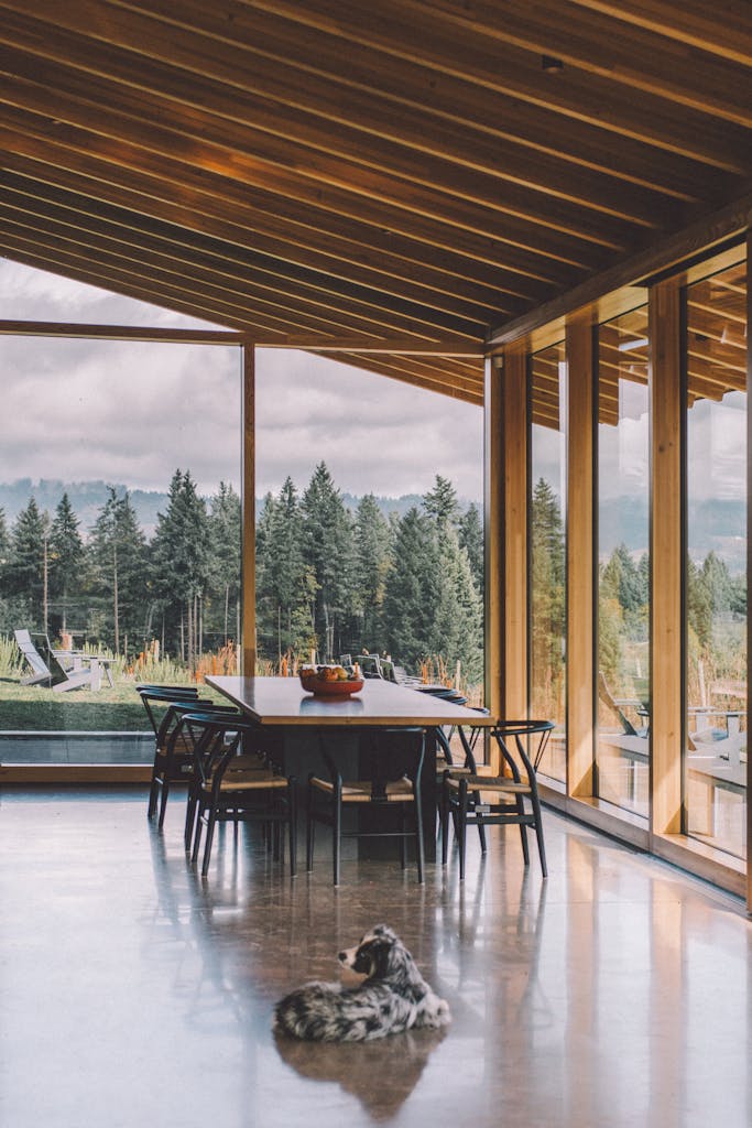 Dining room interior with glass walls