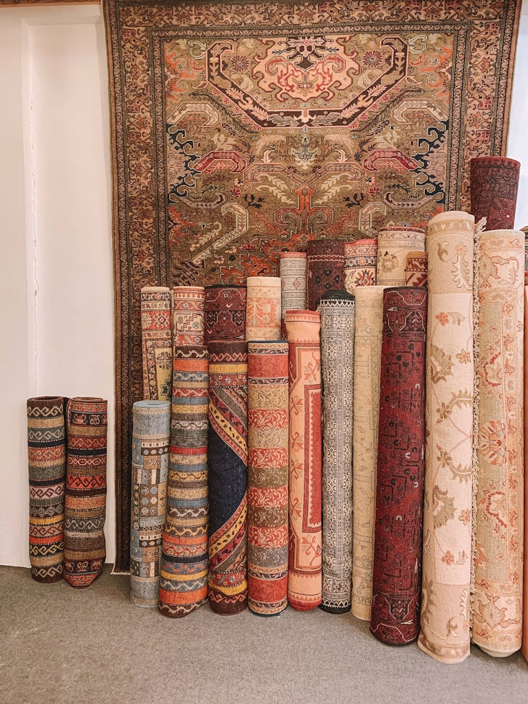 Various Carpets Rolled and Arranged in a Store