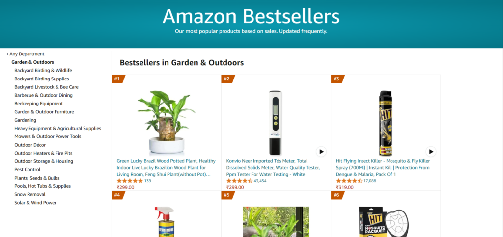 A screenshot showing Amazon.in the bestseller list with the Brazilian wood plant at number 1 and number 5 in the category Garden & Outdoors