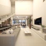 Elegant living room with minimalist design and open space in Brazil.